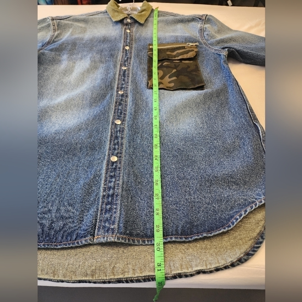 Five CM Denim Shirt Jacket Camo Pocket Corduroy Collar Streetwear Size Small - Picture 6 of 7